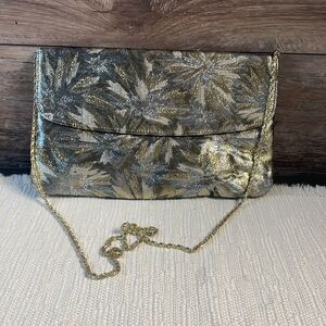 Evening Bag,Metallic Gold & Silver Floral Design,Goldtone Chain 10 1/2”W x 6” L